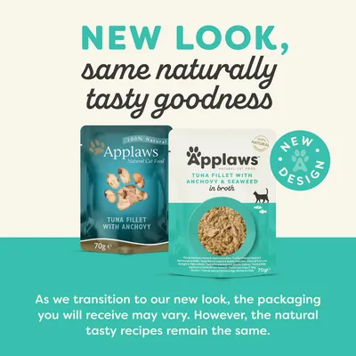 Applaws packaging update notice: new design shown for tuna fillet with anchovy and seaweed. Product recipes remain unchanged; packaging received may differ during transition.