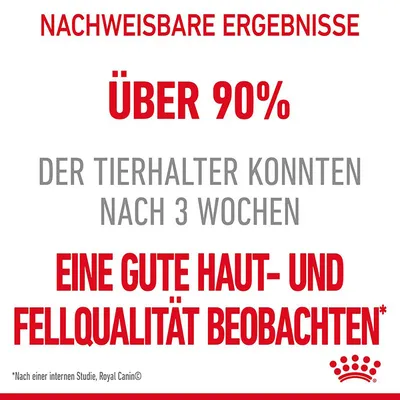 Nachweisbare Ergebnisse: Über 90% der Tierhalter konnten nach 3 Wochen eine gute Haut- und Fellqualität beobachten. Basierend auf einer internen Studie von Royal Canin.