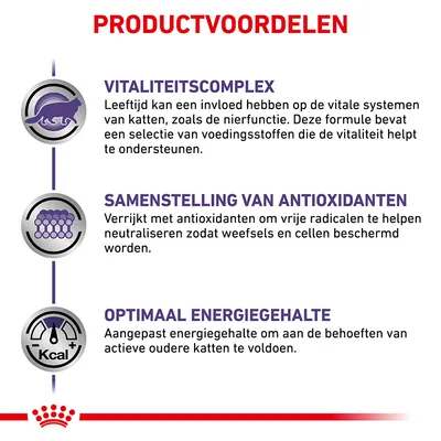 PRODUCTVOORDELEN: Vitaliteitscomplex ondersteunt vitale systemen van katten, samenstelling van antioxidanten beschermt cellen, optimaal energiegehalte voor actieve oudere katten.