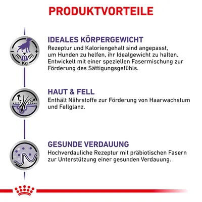 Texte en allemand : Produktvorteile, Ideales Körpergewicht, Haut & Fell, Gesunde Verdauung. Avantages listés pour le poids, la peau/le pelage et la digestion du chien.