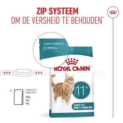 Royal Canin Senior Cats 11+ met zip-systeem voor versheid, easyopen & zipsysteem, freshpack beschermende atmosfeer, verkrijgbaar in 200 g, 2 kg, 4 kg. Royal Canin Senior Cats 11+ met zip-systeem voor versheid, easyopen & zipsysteem, freshpack beschermende atmosfeer, verkrijgbaar in 200 g, 2 kg, 4 kg.