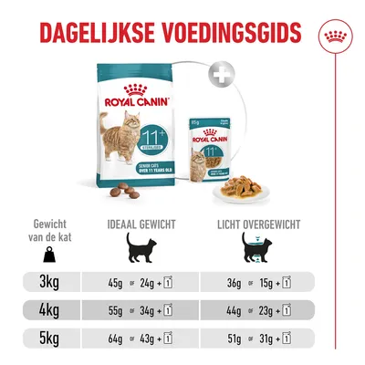 Voedingsschema voor Royal Canin 11+ kattenvoer: aanbevolen dagelijkse hoeveelheden in gram voor katten van 3 kg, 4 kg en 5 kg bij ideaal gewicht en licht overgewicht, combinatie van droog- en natvoer.