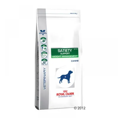 Royal Canin Veterinary Diet Satiety Support Weight Management Canine – embalaža pasje hrane z zeleno oznako in silhueto psa, vidno tudi besedilo VETERINARY EXCLUSIVE.