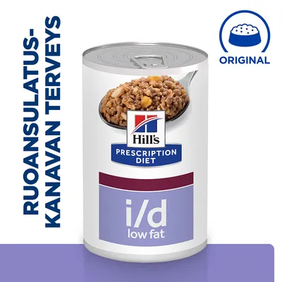 Hill's Prescription Diet i/d low fat -purkki, etiketti ja ruoan kuva. Teksti: RUOANSULATUSKANAVAN TERVEYS, ORIGINAL.