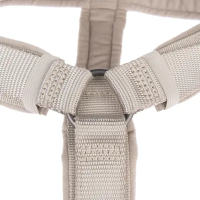Nahaufnahme eines beige-farbenen Geschirrs mit robusten, genähten Nylonbändern und einem Metallring zur Befestigung.