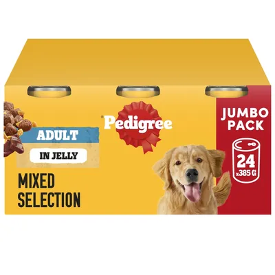 Pedigree Adult in Jelly Mixed Selection, jumbo pack with 24 cans of 385g each. Key features: mixed selection, adult, in jelly.