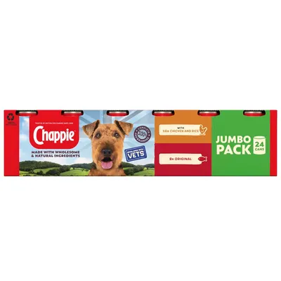 Chappie jumbo pack with 24 cans, made with wholesome and natural ingredients, includes 16x chicken and rice, 8x original, developed with vets, 100% complete and balanced.