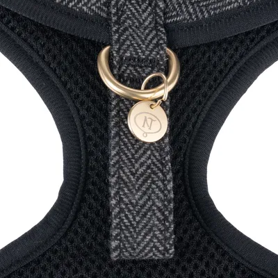 Närbild av en hundsele med guldfärgad D-ring och berlock med ingraverat 'N'. Material: svart nät och grått fiskbensmönster.