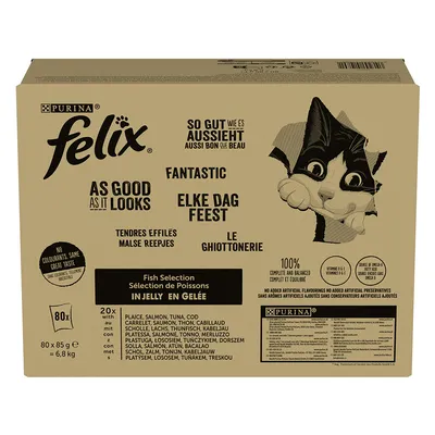Cutie Felix As Good As It Looks Fish Selection in Jelly, 80 x 85 g, cu pește: calcan, somon, ton, cod. Fără coloranți adăugați. Text în engleză și alte limbi vizibil pe ambalaj.