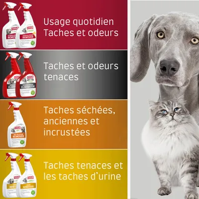 Nature's Miracle produits de nettoyage avec domaines d'application : taches et odeurs quotidiennes, taches tenaces, anciennes taches incrustées, taches tenaces et taches d'urine.