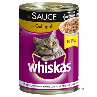 Whiskas in Sauce mit Geflügel, puszka karmy dla kotów, bez dodatku cukru i sztucznych barwników oraz aromatów. Na etykiecie zdjęcie kota i kawałków mięsa w sosie. Nowość.