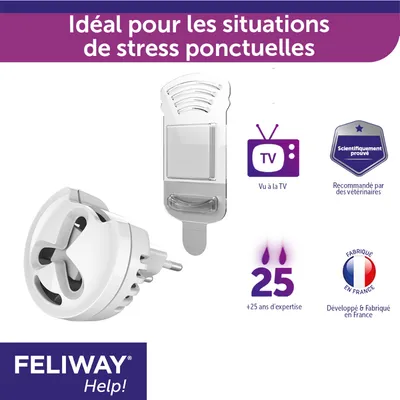 FELIWAY Help! Idéal pour les situations de stress ponctuelles, vu à la TV, scientifiquement prouvé, recommandé par des vétérinaires, 25 ans d’expertise, fabriqué en France.