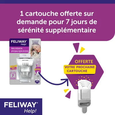 FELIWAY Help! Aide à réduire les principaux signes de stress, 1 cartouche offerte sur demande pour 7 jours supplémentaires. Offre : votre prochaine cartouche offerte.