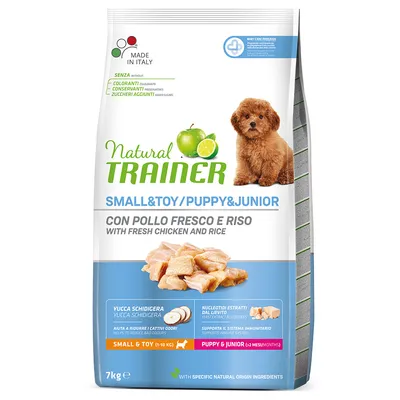 Natural Trainer Small & Toy Puppy & Junior mit frischem Huhn und Reis, ohne Farbstoffe, Konservierungsstoffe, zugesetzten Zucker. Made in Italy. 7 kg Beutel abgebildet.
