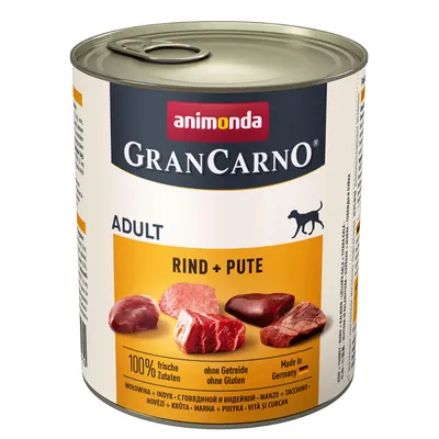 Conservă Animonda GranCarno Adult, Rind + Pute, vită și curcan. 100% frische Zutaten, fără cereale, fără gluten, Made in Germany. Imagine cu bucăți de carne pe etichetă.