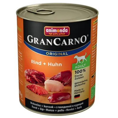 Консерва Animonda GranCarno Original Rind + Huhn для взрослых собак, 100 % свежие ингредиенты, без зерна и глютена, сделано в Германии. На банке изображено мясо.