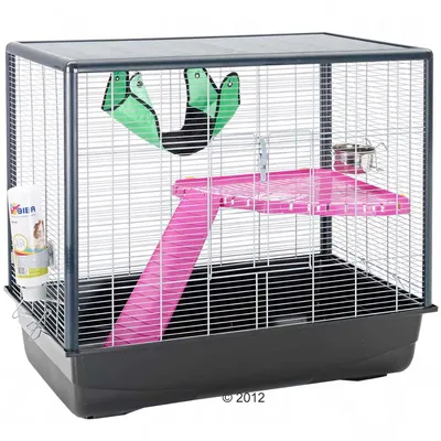Small animal cage with metal grid, pink platform and ramp, green hammock, water bottle from Biba and metal food bowl.