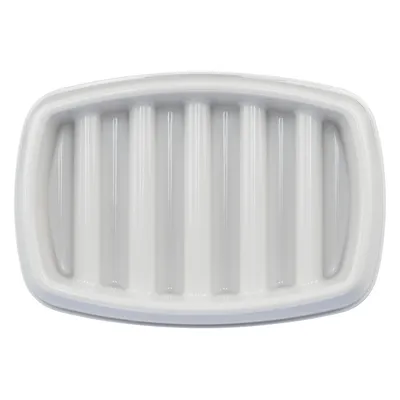 Rectangular white ceramic feeding dish with raised ridges, shown empty from above.