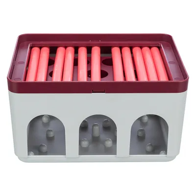 Plastová interaktivní hračka pro domácí mazlíčky s červenými tyčemi nahoře a třemi obloukovými otvory vpředu, uvnitř šedé výstupky.