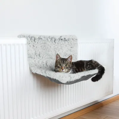 Katteseng med blødt, gråt betræk, fastgjort til en radiator. En stribet kat ligger afslappet på den.
