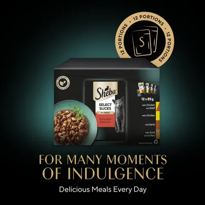 Sheba Select Slices in Gravy Succulent Selection, 12 portions of 85g with chicken and beef, chicken, lamb, duck and turkey. Delicious meals every day.