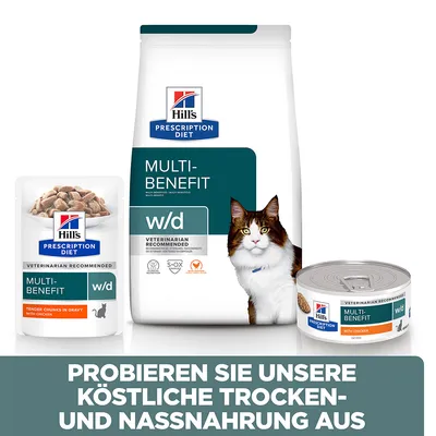 Hill's Prescription Diet Multi-Benefit w/d für Katzen. Trocken- und Nassnahrung, empfohlen von Tierärzten. Probieren Sie köstliche Optionen mit Huhn in Sosse aus.