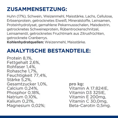 Zusammensetzung: Huhn, Schwein, Weizenmehl, Maisstärke, Lachs, Erbsenprotein. Analytische Bestandteile: Protein 8,1%, Fettgehalt 2,6%, Feuchtigkeit 77,4%. Vitamine pro kg: Vitamin A, D3, E, C.