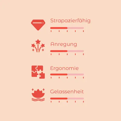 Échelle d’évaluation avec 4 critères en allemand : Strapazierfähig, Anregung, Ergonomie, Gelassenheit. Chaque critère affiché sur une échelle de 1 à 5.