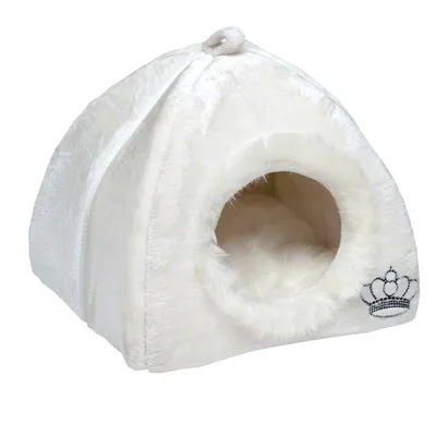 White, plush pet cave with round entrance and embroidered crown on the side. Softly padded inside.