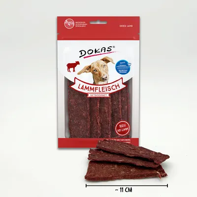 Dokas Lammfleisch getrocknet, wiederverschliessbare Verpackung, 100% aus Lamm, ca. 11 cm lange Stücke, geeignet für Fleischsnacks.