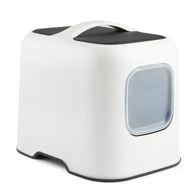 White cat litter box with carrying handle, black lid and transparent entrance door.