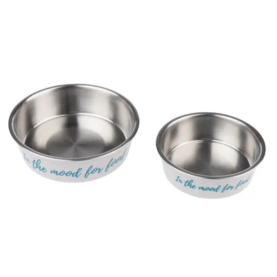 Two stainless steel bowls with blue lettering 'In the mood for food', one larger, one smaller.