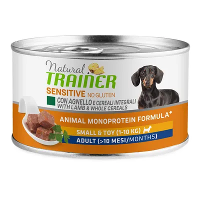 Natural Trainer Sensitive No Gluten con agnello e cereali integrali. Animal Monoprotein Formula per cani piccoli (1-10 kg), adatto da 10 mesi.