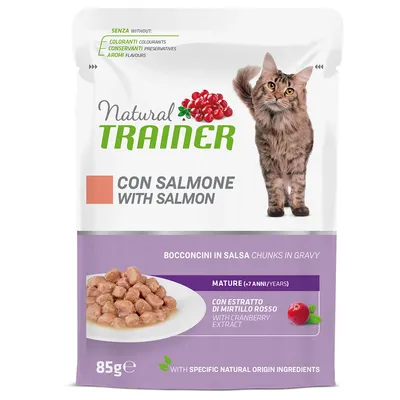 Natural Trainer comida para gatos con salmón, bocados en salsa, para gatos adultos a partir de 7 años. Con extracto de arándano, sin colorantes, conservantes ni aromas artificiales. Paquete de 85g.