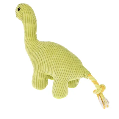 Grünes Dinosaurier-Spielzeug aus Stoff mit gelbem Seil als Schwanz, geeignet für Haustiere.