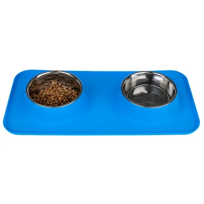 Double bowl set with blue silicone mat, left bowl filled with dry food, right bowl empty stainless steel.