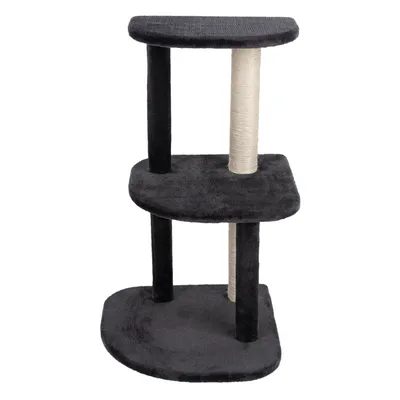 Cat tree with three levels, black plush cover and a sisal post for claw care.