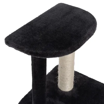 Cat tree with black platform and sisal-wrapped scratching post.