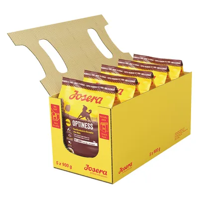 Josera Optiness suché krmivo pro psy, výhodné balení s 5 x 900 g sáčky. Snížený obsah bílkovin, s jehněčím a rýží. Vyrobeno v Německu.