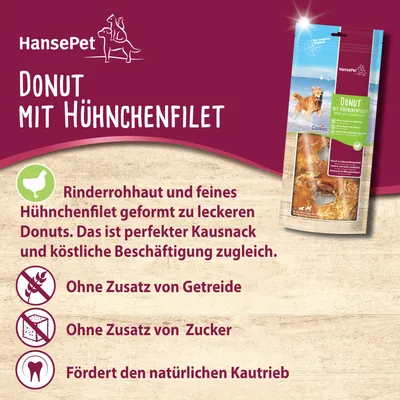 HansePet Donut mit Hühnchenfilet. Rinderrohhaut und feines Hühnchenfilet, ohne Zusatz von Getreide oder Zucker. Fördert den natürlichen Kautrieb. Perfekter Kausnack und köstliche Beschäftigung.