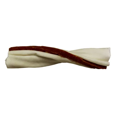 Baton răsucit pentru câini, format dintr-o bucată de piele albă presată cu o bandă maro la mijloc. Fără ambalaj sau marcă vizibilă.
