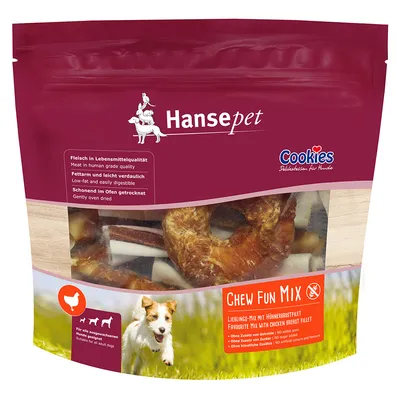 Pachet Hansepet Cookies Chew Fun Mix pentru câini, mix de gustări cu piept de pui, carne calitate alimentară, conținut scăzut de grăsimi, fără cereale, zahăr sau aditivi artificiali.