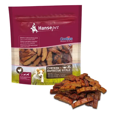 Pachet Hansepet Cookies Chicken Barbecue Style pentru câini, cu bucăți de carne vizibile. Text pe ambalaj: 80% pui, fără cereale, fără aditivi artificiali, potrivit pentru toți câinii adulți.
