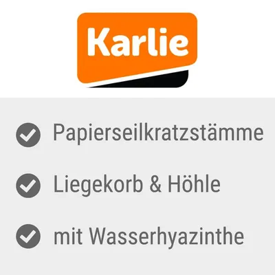 Karlie. Paperinarura raapimapylväät, makuukori ja luola, vesihyasintilla.
