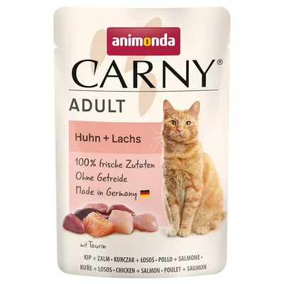 Animonda Carny Adult Huhn + Lachs. 100% frische Zutaten, Ohne Getreide, Made in Germany. Kurczak + łosoś. Opakowanie z wizerunkiem kota i kawałkami mięsa.