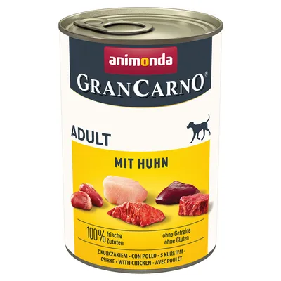 Animonda GranCarno Adult with chicken, 100% fresh ingredients, grain-free, gluten-free. Image of meat pieces on a yellow background.
