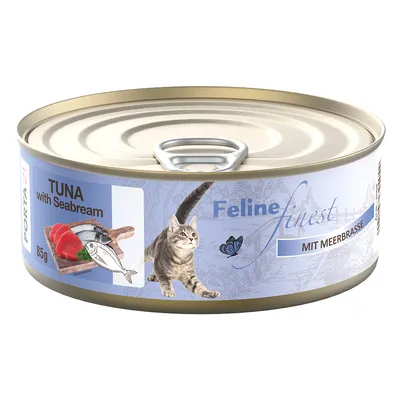 Porta 21 Feline Finest, tunfisk med havbrasen, 85g dåse. Billede af fisk og kat på emballagen.