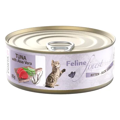 Porta 21 Feline Finest vådfoder til killinger, variant tun med aloe vera, 85g dåse. Billede af tun, aloe vera og en kat på emballagen.