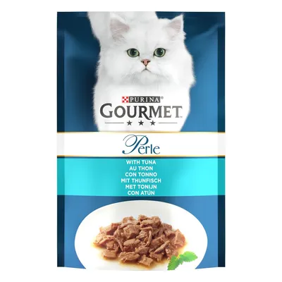 Purina Gourmet Perle с тунцом. На упаковке изображены нежные кусочки тунца в соусе.