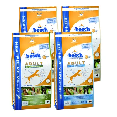 Fyra påsar Bosch High Premium Concept Adult hundfoder, smaker Geflügel & Dinkel samt Fisch & Kartoffel, 15 kg per påse. Synlig text: muschelextrakt für knorpel und gelenke, ab 12. Monat.